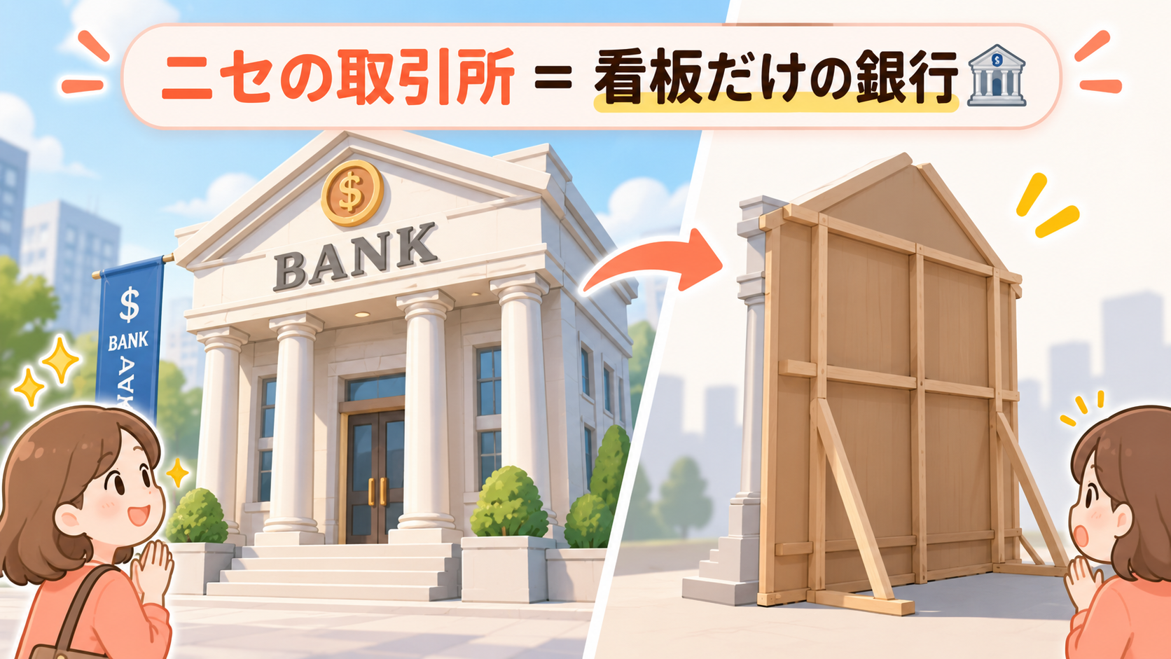 ニセの取引所を看板だけの銀行にたとえた図解