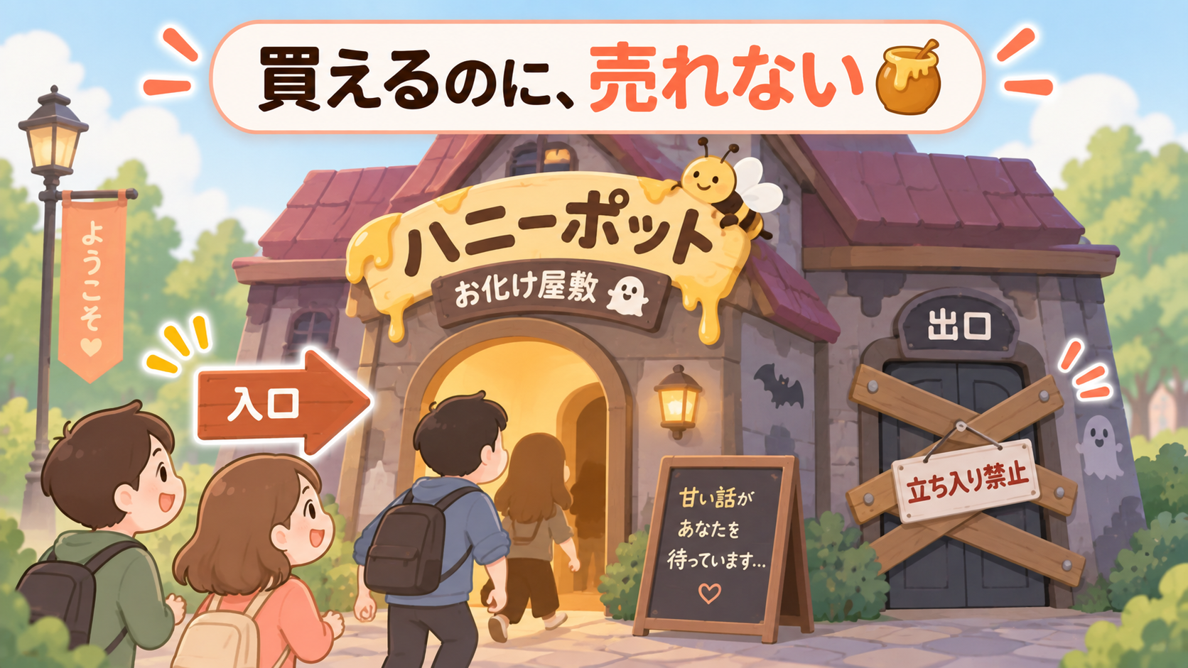 ハニーポットを入口だけのお化け屋敷にたとえた図解。買えるのに売れない状態