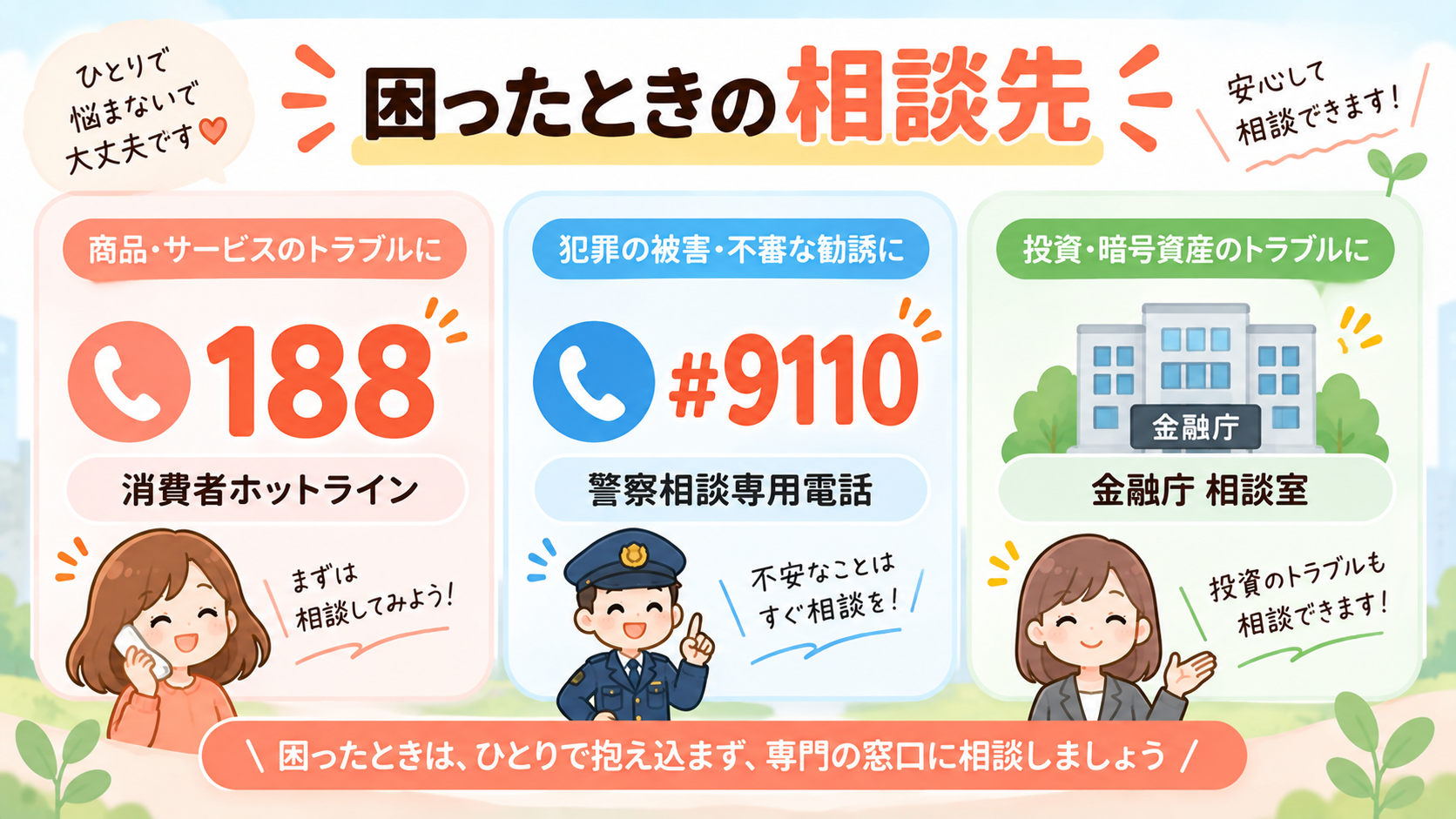 困ったときの相談先の図解。消費者ホットライン188、警察相談専用電話9110、金融庁相談室