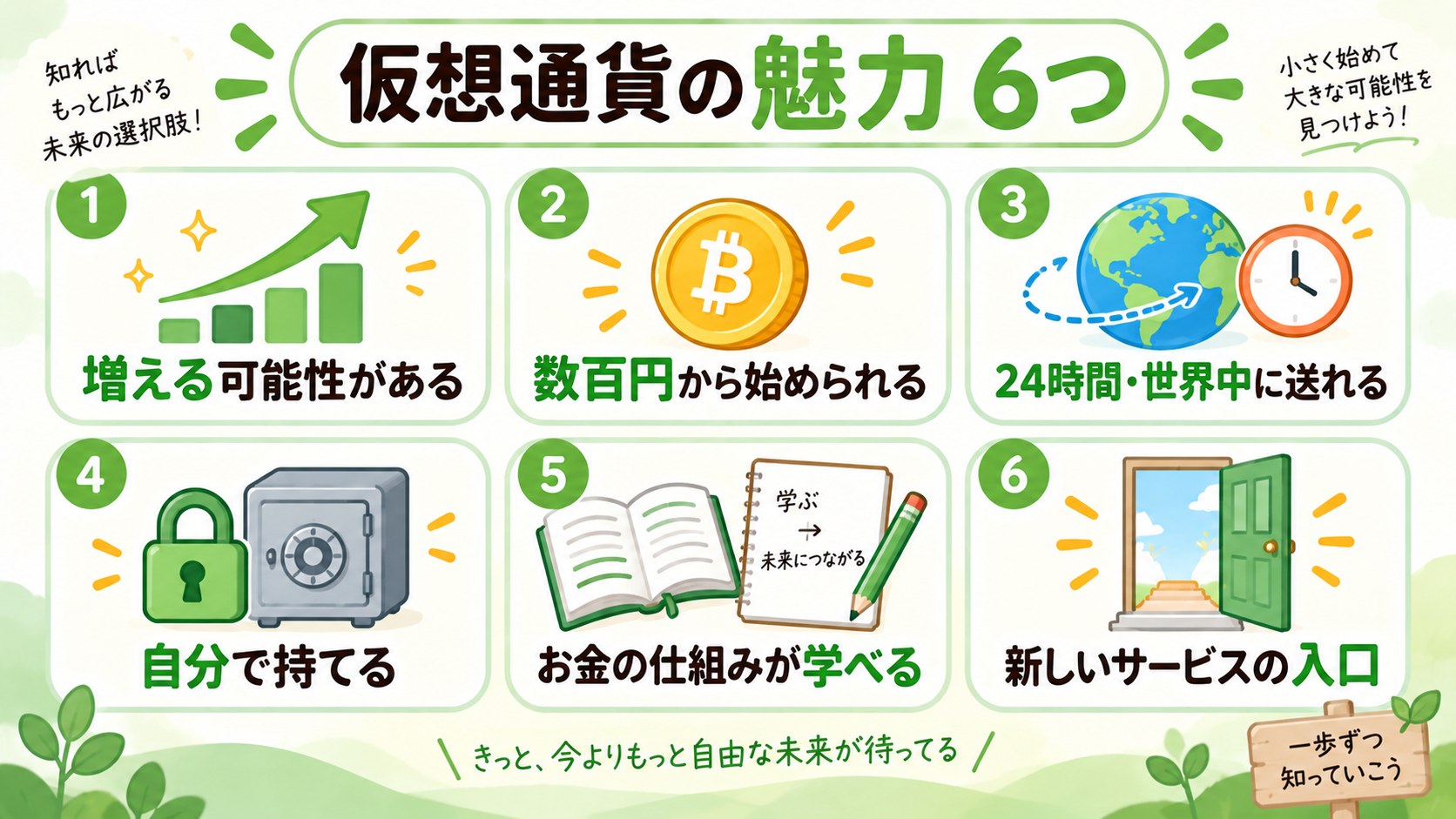 仮想通貨の6つの魅力をまとめた図解