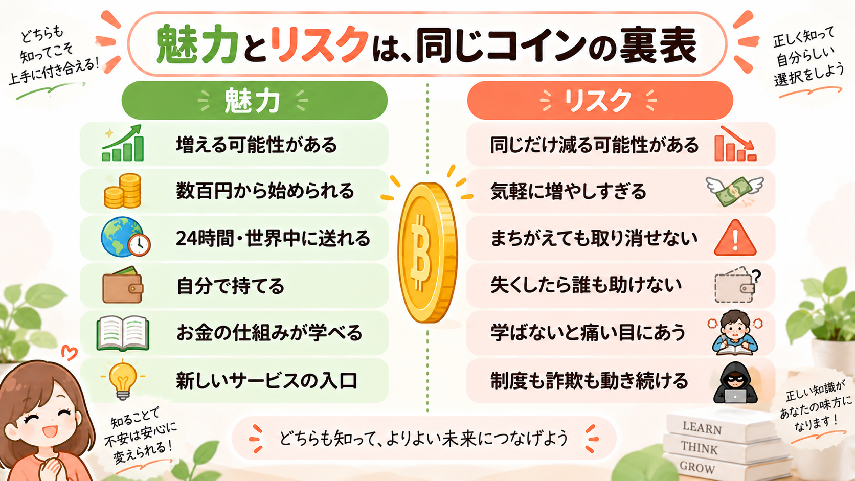 仮想通貨の魅力とリスクが裏表でつながっていることを示した対応表の図解