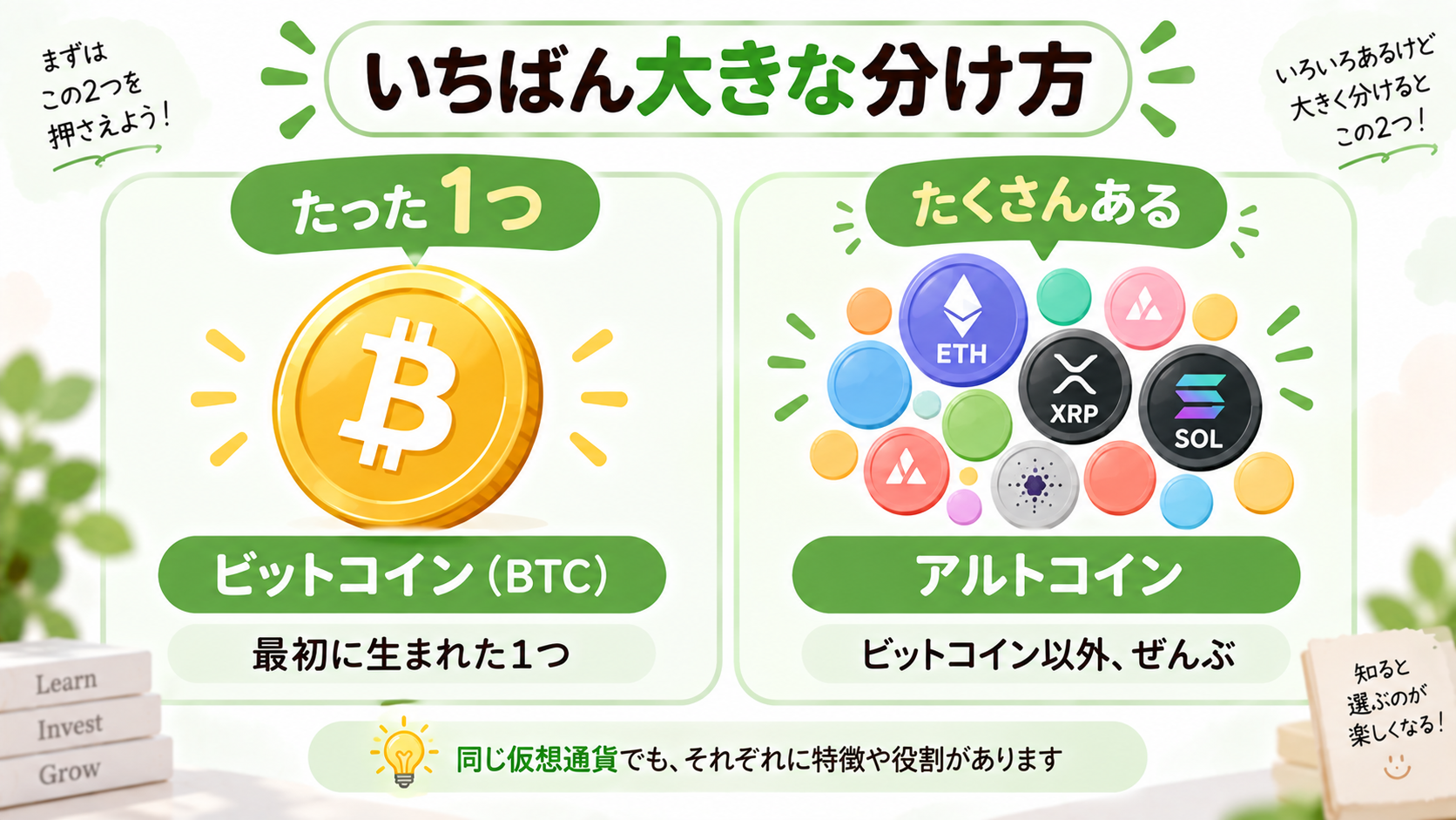 ビットコインとアルトコインの2つの分類を示した図解。アルトコインはビットコイン以外のすべての総称