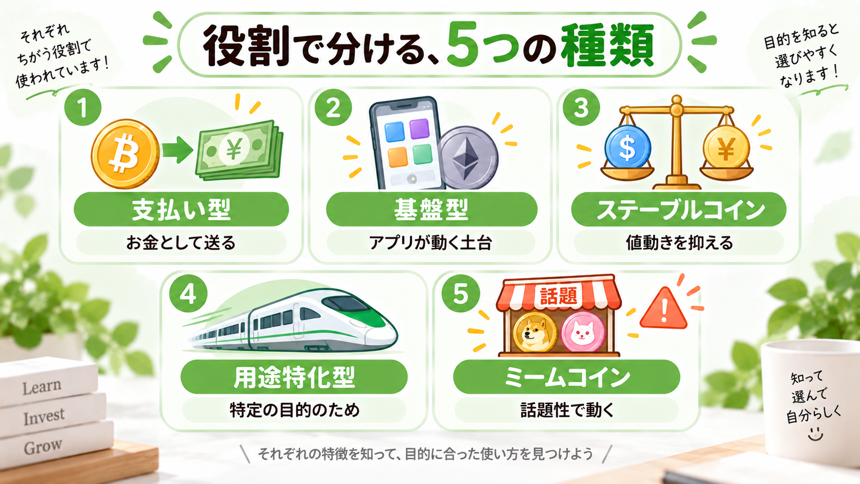 仮想通貨を役割で分けた5つの種類の図解。支払い型、基盤型、ステーブルコイン、用途特化型、ミームコイン