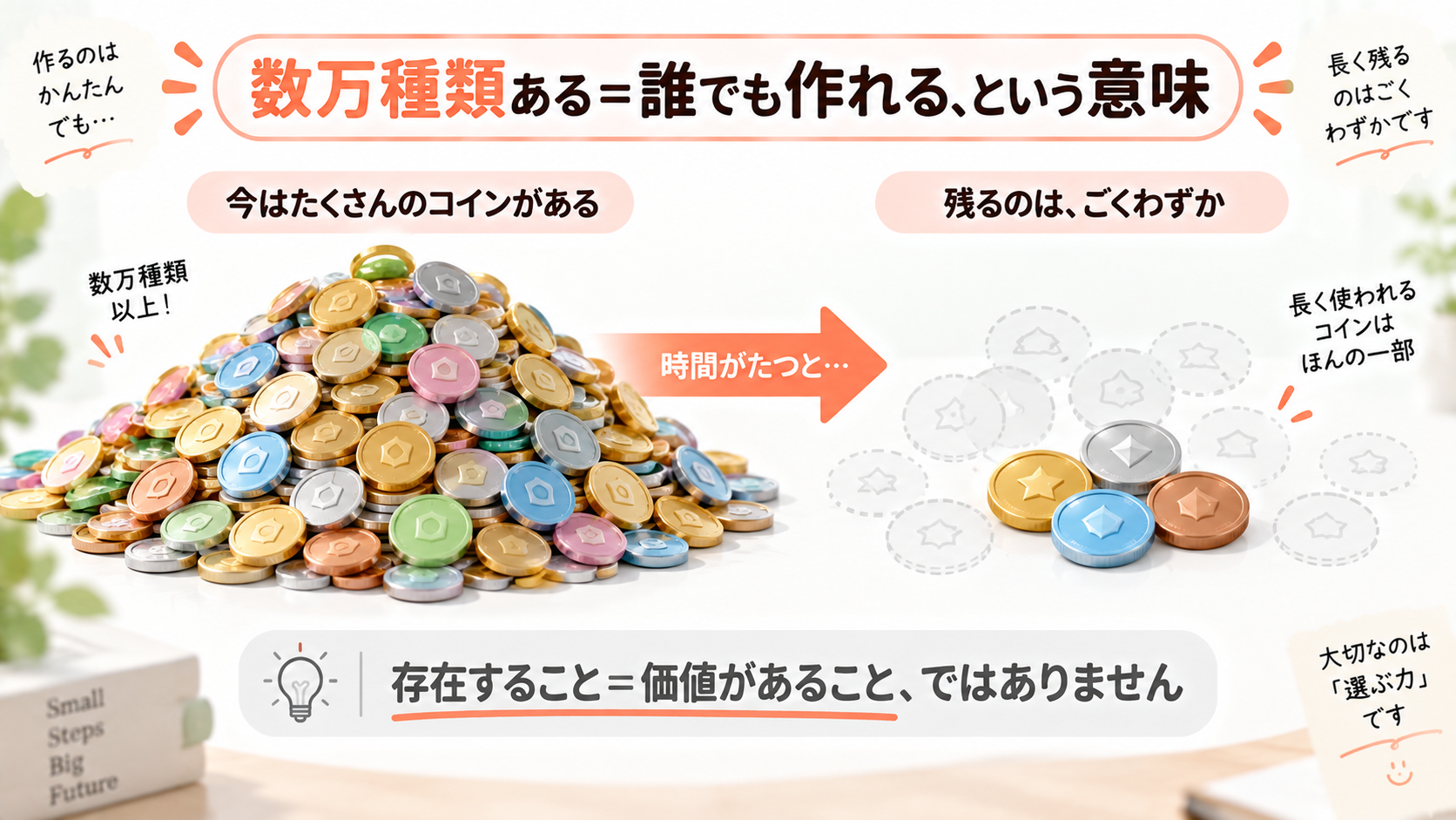 作られたコインの大半は時間とともに消えていくことを示した図解