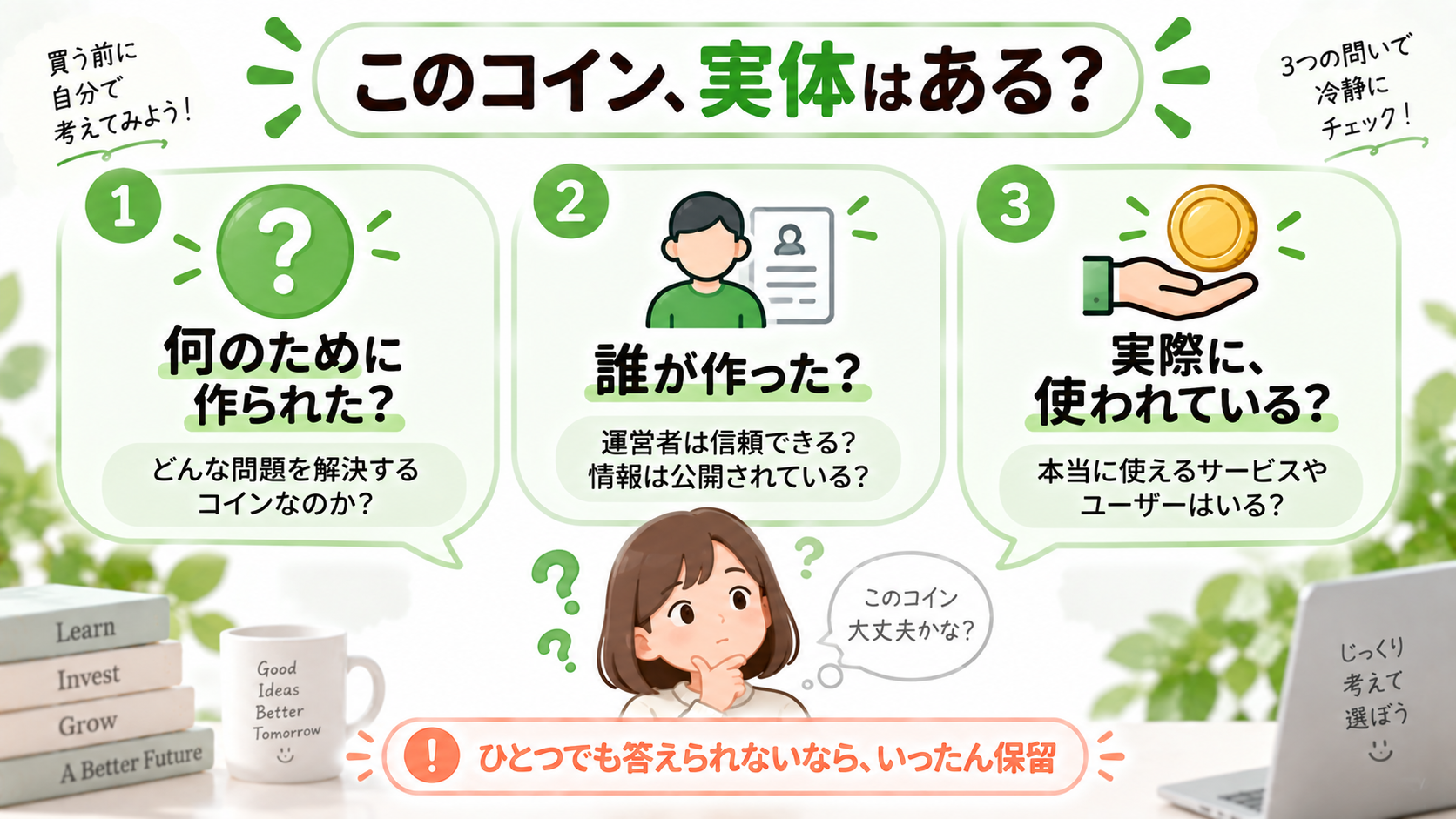 コインに実体があるかを見分ける3つの問いの図解。何のために作られたか、誰が作ったか、実際に使われているか