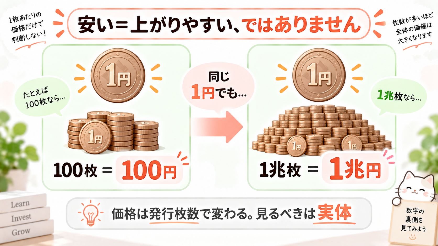 1コインの価格の安さと値上がりのしやすさは無関係であることを示した図解。価格は発行枚数で変わる
