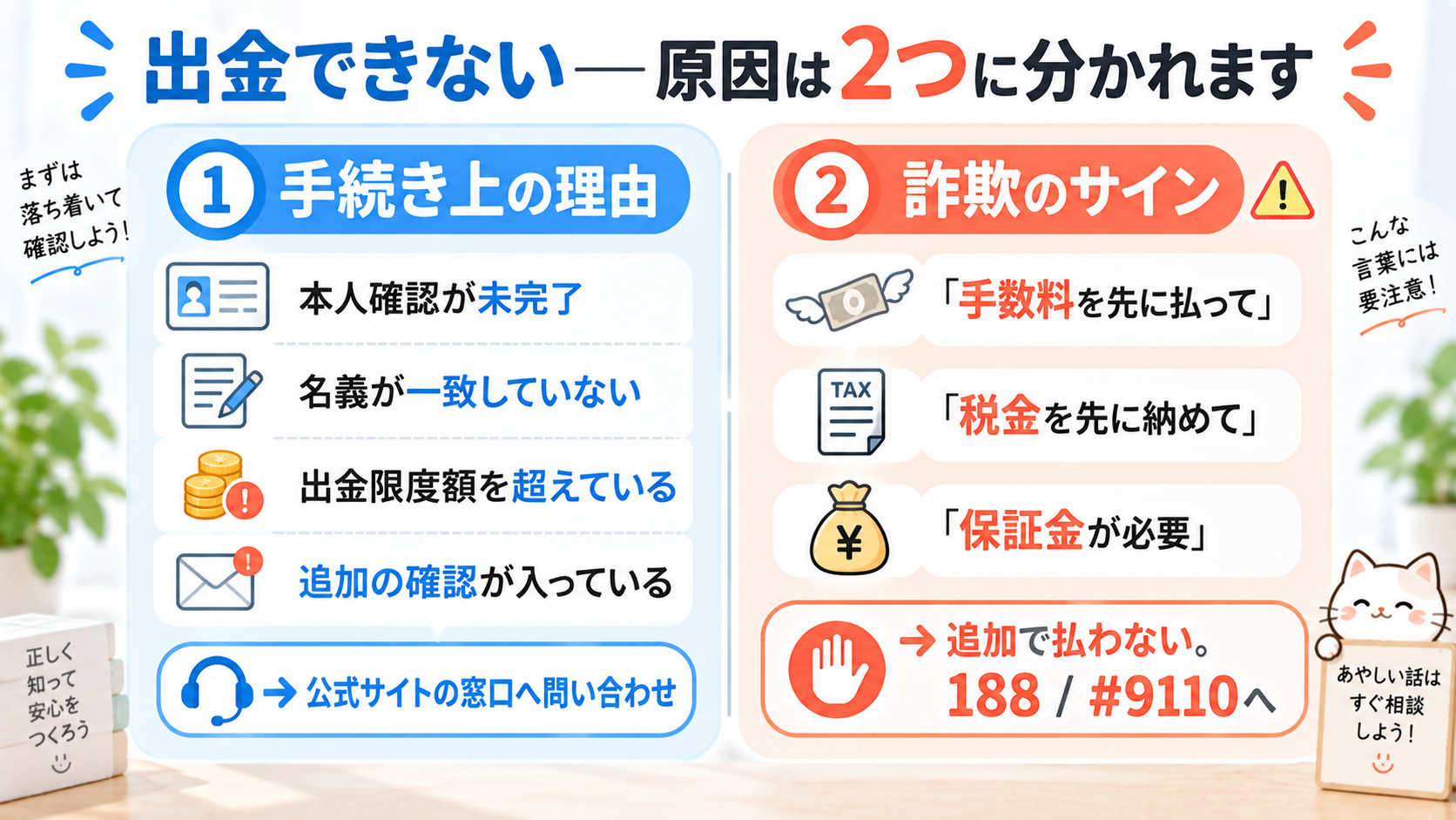 出金できないときの原因の切り分け図解。手続き上の理由と、詐欺のサイン